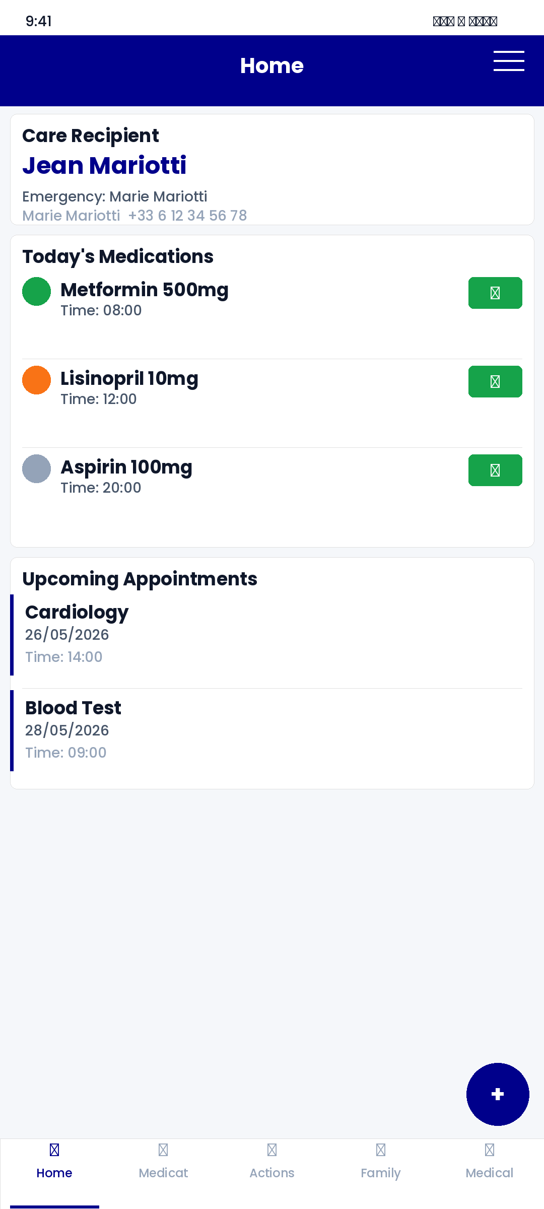 FamilyCarer on Android — home screen
